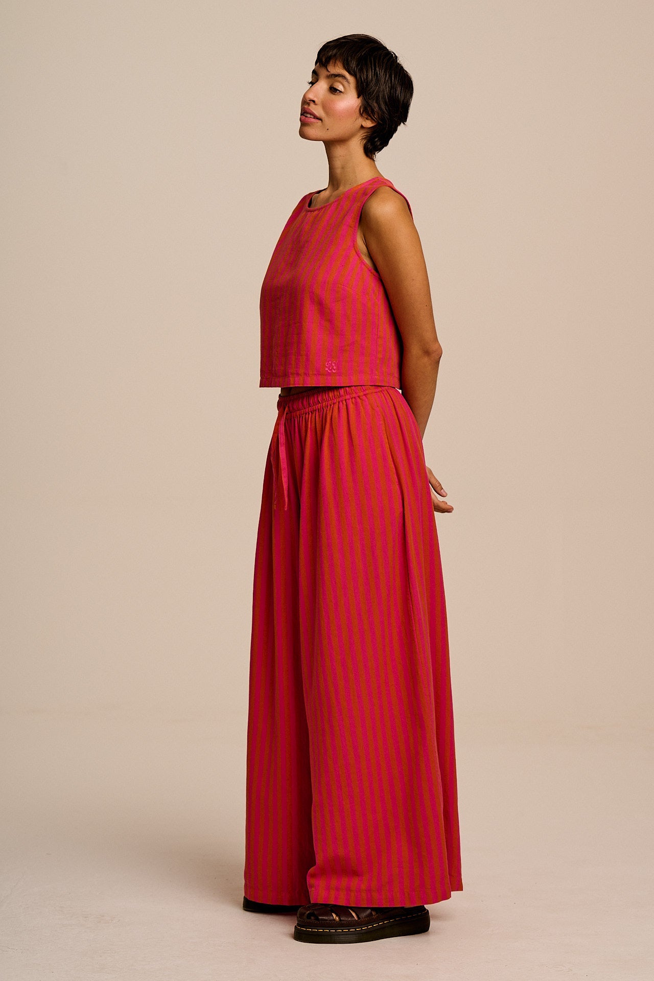 Arden - Cotton & Linen Shell Top in Pink & Orange Stripe