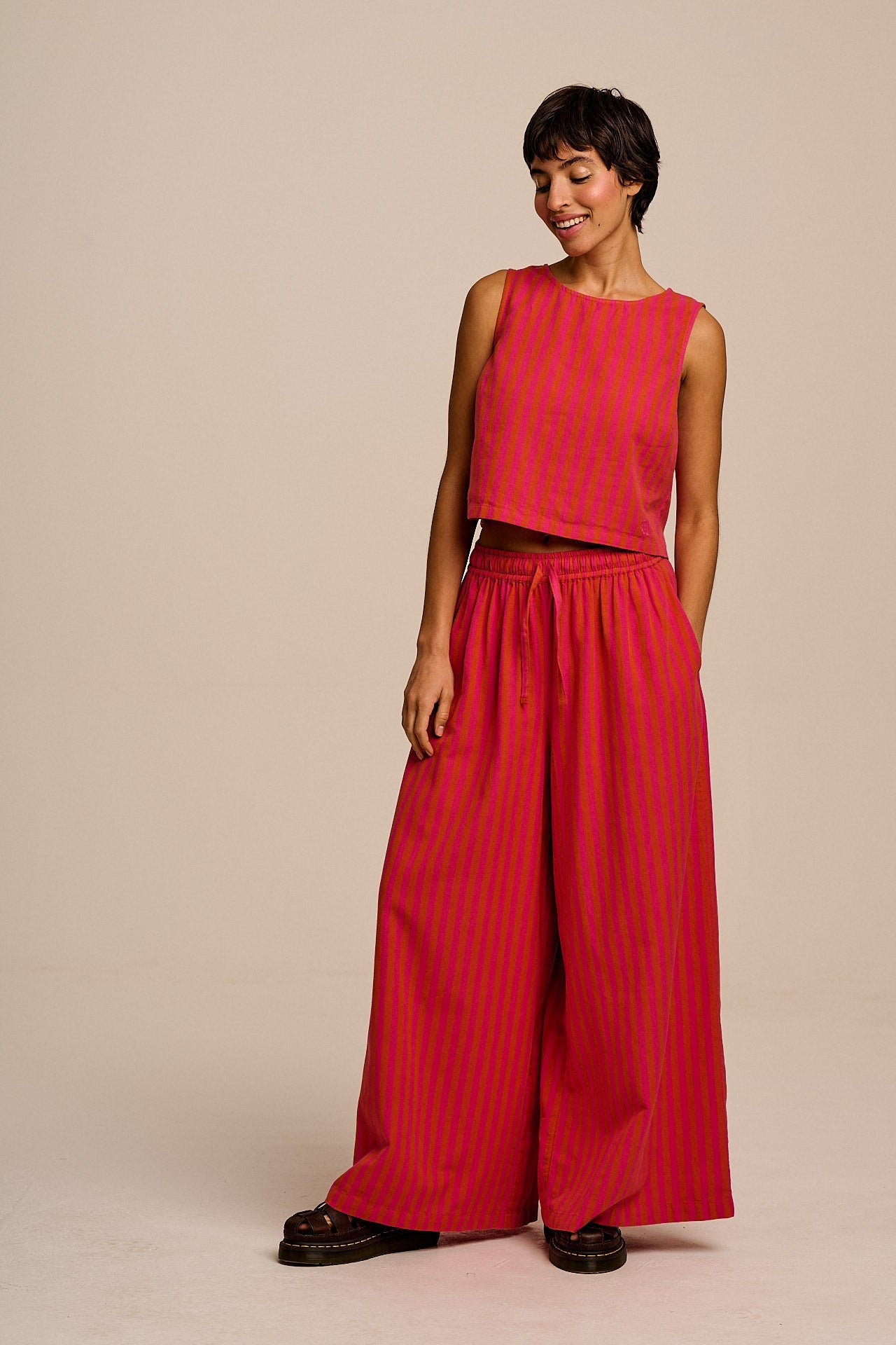 Arden - Cotton & Linen Shell Top in Pink & Orange Stripe