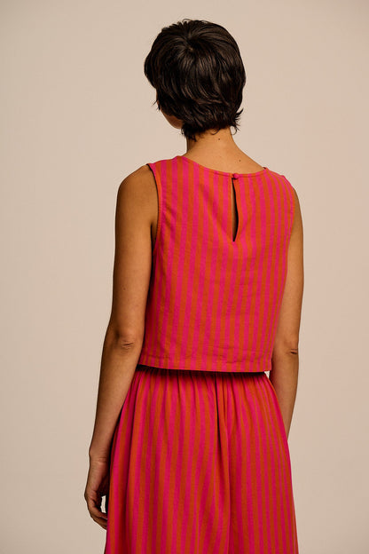 Arden - Cotton & Linen Shell Top in Pink & Orange Stripe