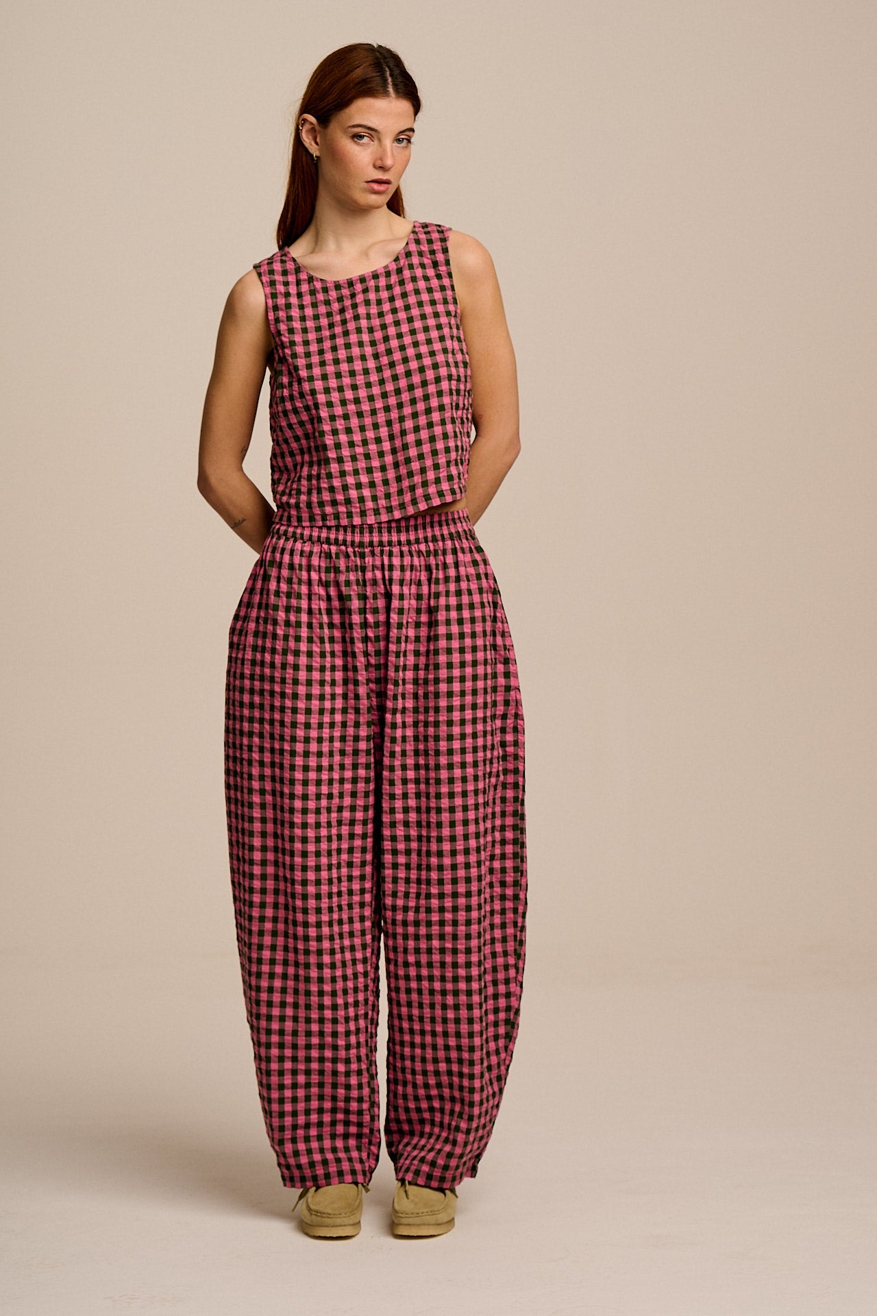 Freddie - Barrel Leg Cotton Trousers in Pink & Green Gingham