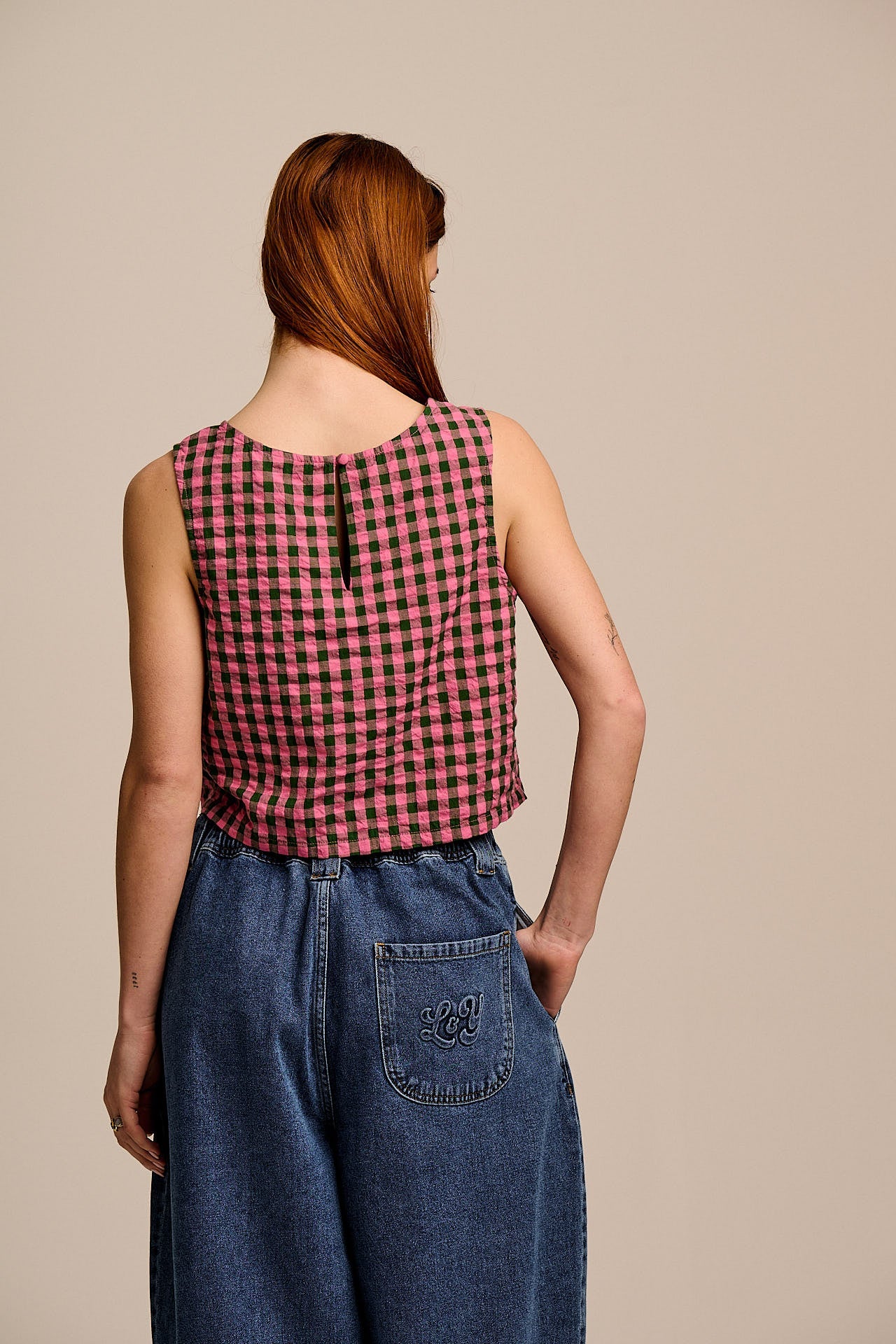 Arden - Cotton Shell Top in Pink & Green Check