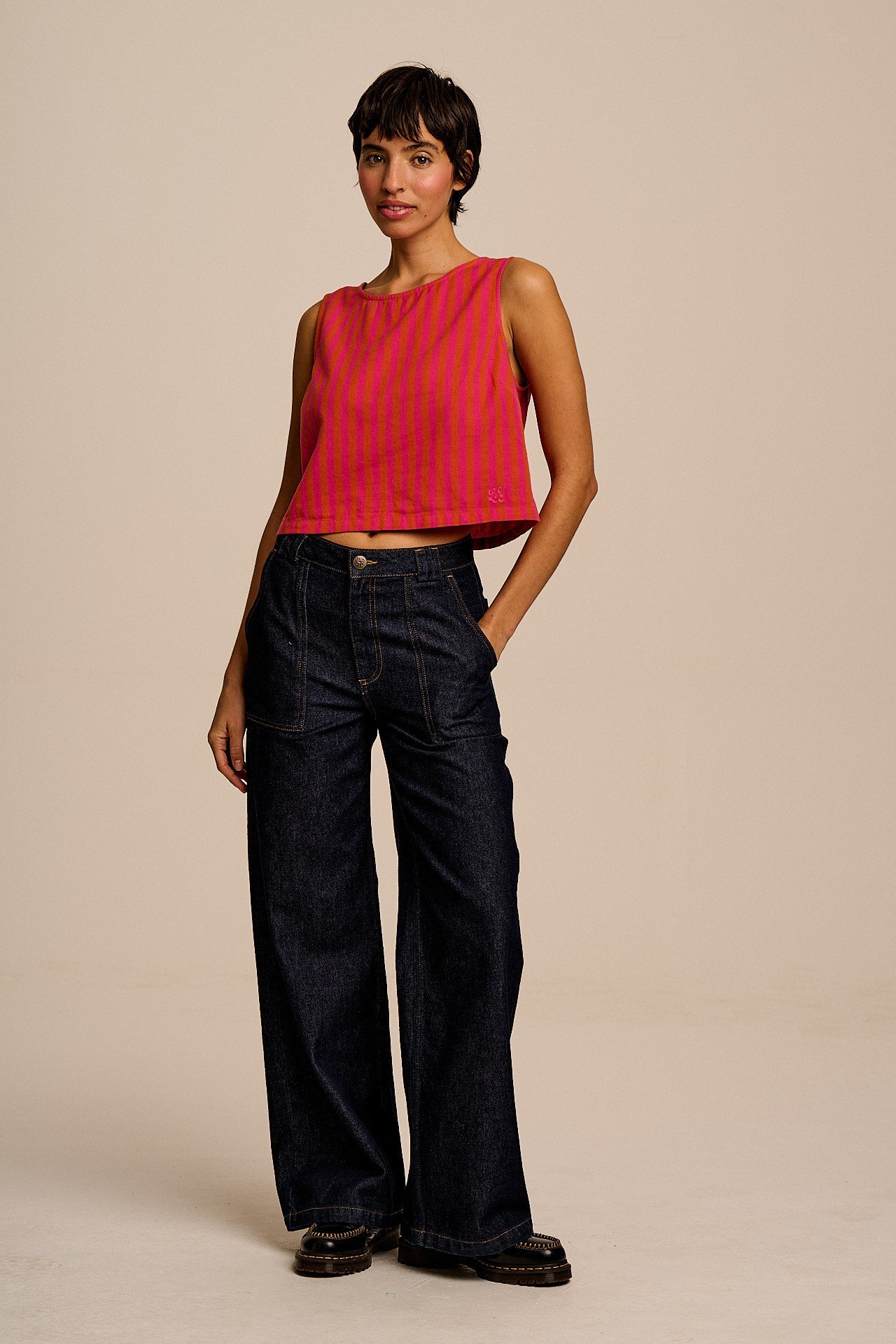 Arden - Cotton & Linen Shell Top in Pink & Orange Stripe