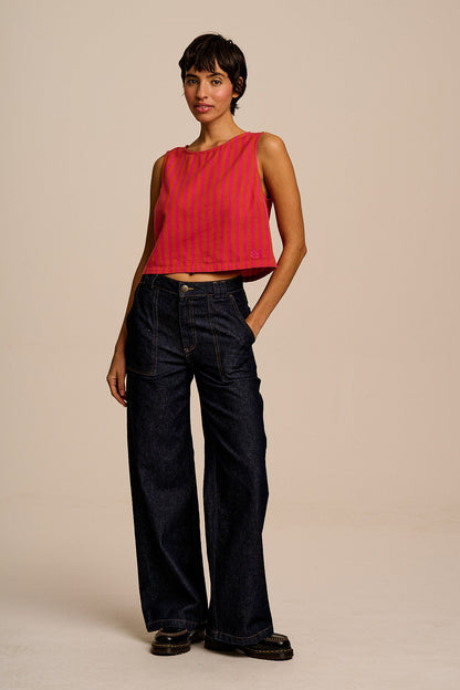 Arden - Cotton & Linen Shell Top in Pink & Orange Stripe