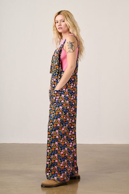 Arlo - Cotton Wide Leg Dungarees in Navy Floral