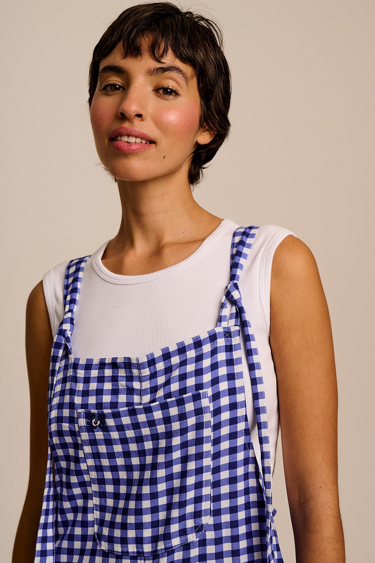 Arlo - Cotton & Viscose Wide Leg Dungarees in Blue Gingham Check