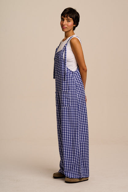 Arlo - Cotton & Viscose Wide Leg Dungarees in Blue Gingham Check