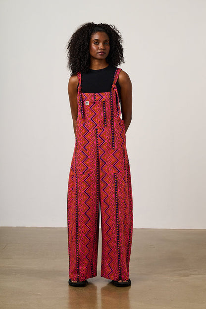 Arlo - Cotton Wide Leg Dungarees in Red Zig Zag Stripe