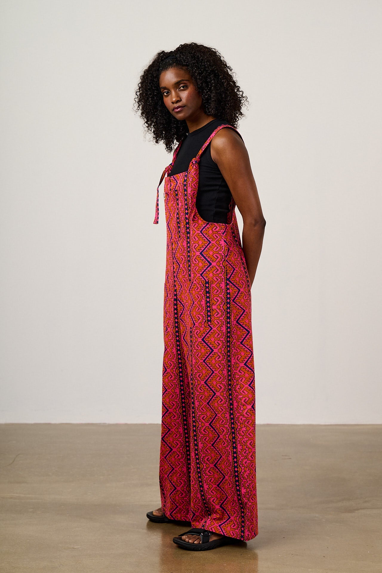 Arlo - Cotton Wide Leg Dungarees in Red Zig Zag Stripe