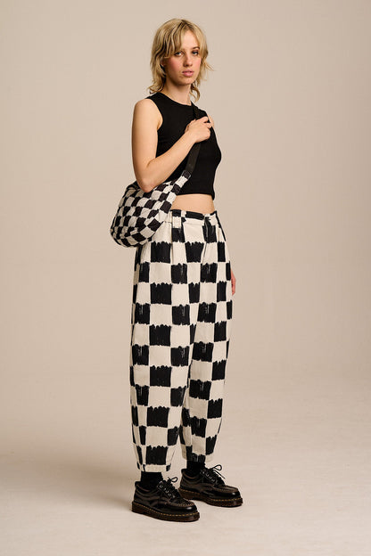 Ashby - Cotton Barrel Leg Trousers in Black & Ecru Blurred Checkerboard
