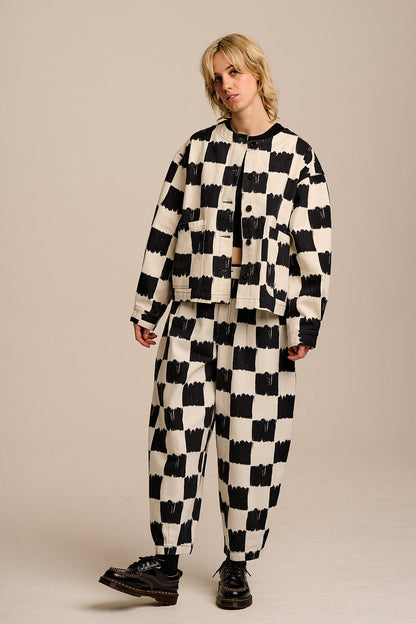 Amarante - Collarless Cotton Jacket in Black & Ecru Blurred Checkerboard