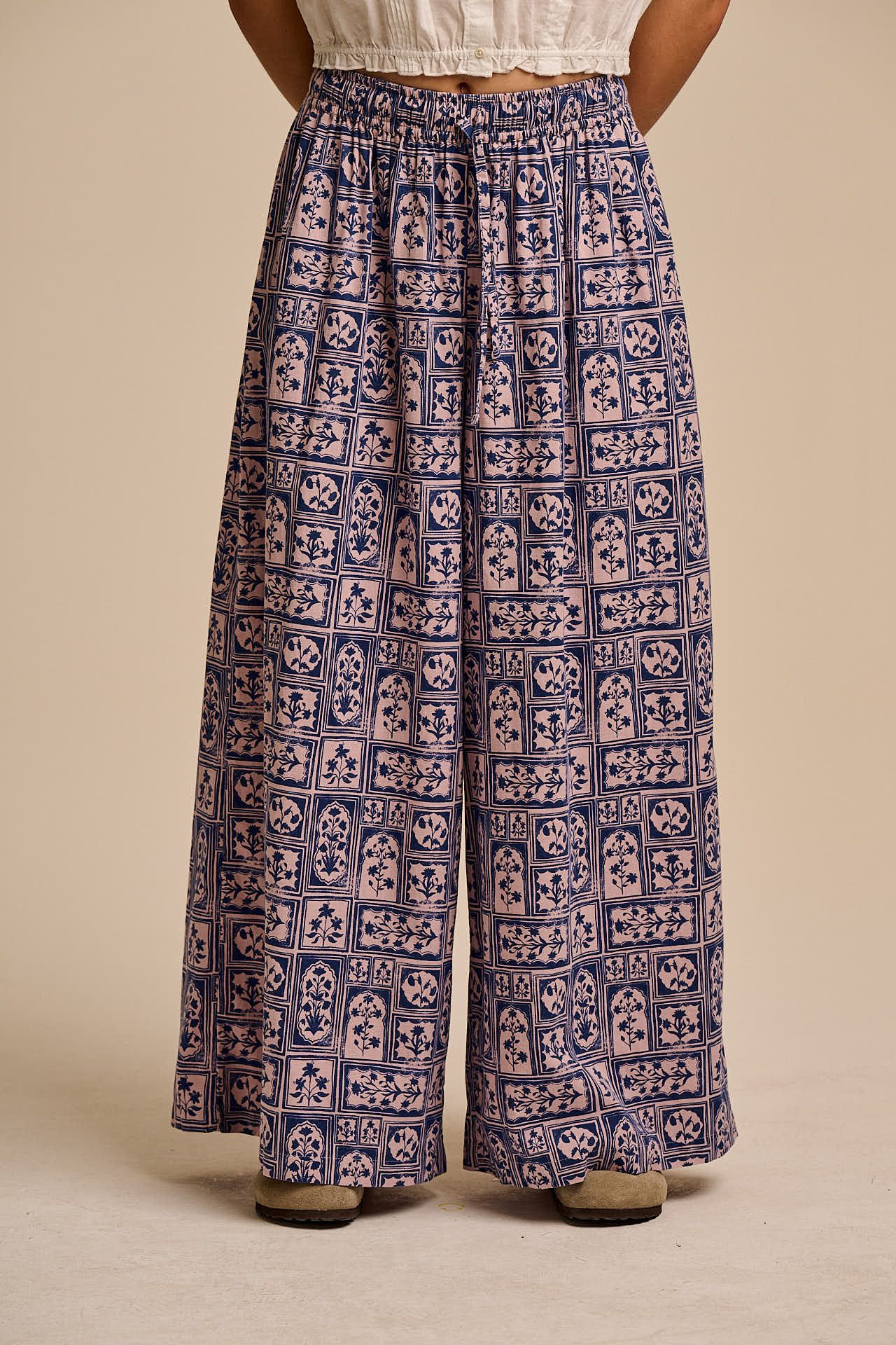 Aster - Cotton & Linen Trousers in Blue & Pink Walled Blooms