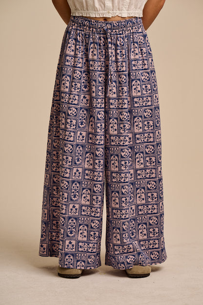 Aster - Cotton & Linen Trousers in Blue & Pink Walled Blooms