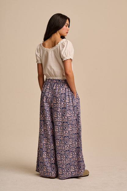 Aster - Cotton & Linen Trousers in Blue & Pink Walled Blooms
