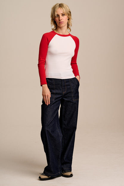 Avi - Long Sleeve Raglan Top in Red & White