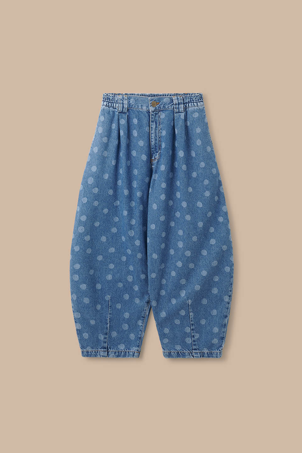 IMPERFECT - Ashby - Denim Barrel Leg Trousers in Midwash Polka Dot
