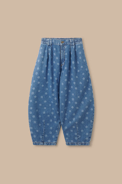 IMPERFECT - Ashby - Denim Barrel Leg Trousers in Midwash Polka Dot