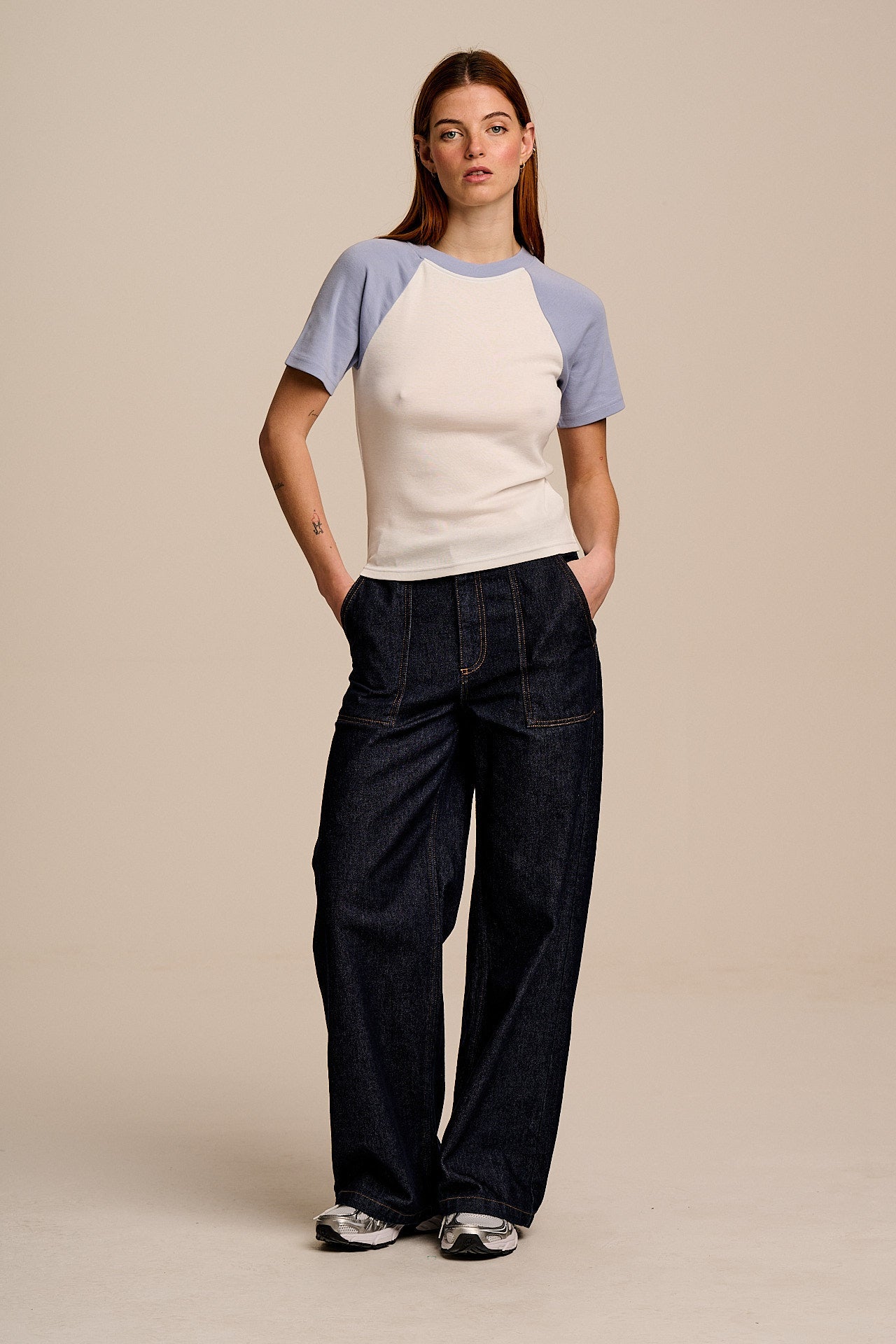 Azra - Cotton Short Sleeve Raglan Top in White & Blue