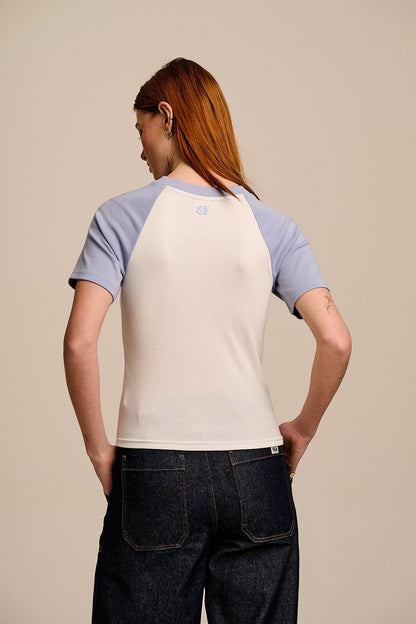 Azra - Cotton Short Sleeve Raglan Top in White & Blue