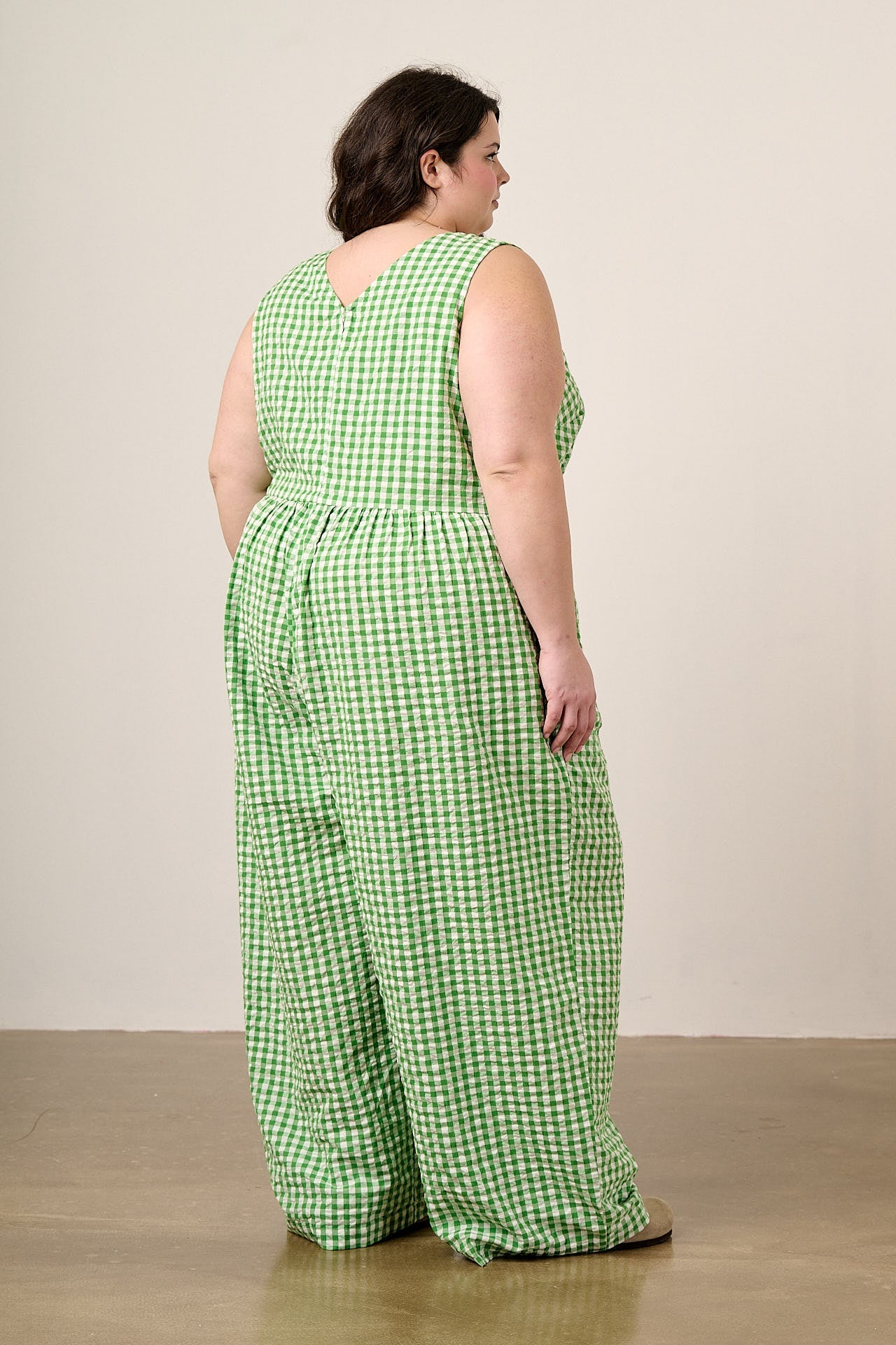 Bellamy - Wide Leg Cotton Jumpsuit in Green Gingham