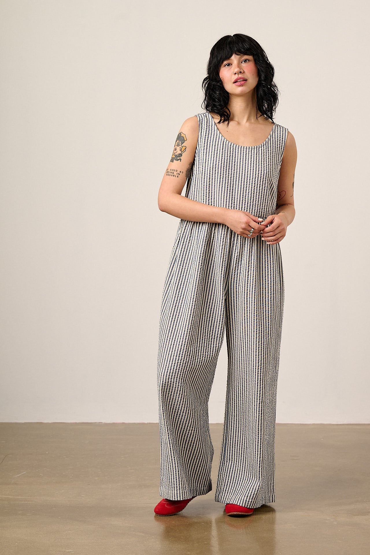 Bellamy - Wide Leg Cotton Jumpsuit in Blue & White Stripe