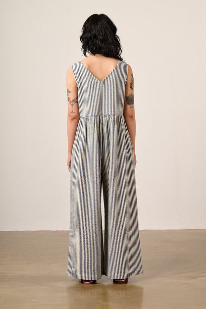 Bellamy - Wide Leg Cotton Jumpsuit in Blue & White Stripe