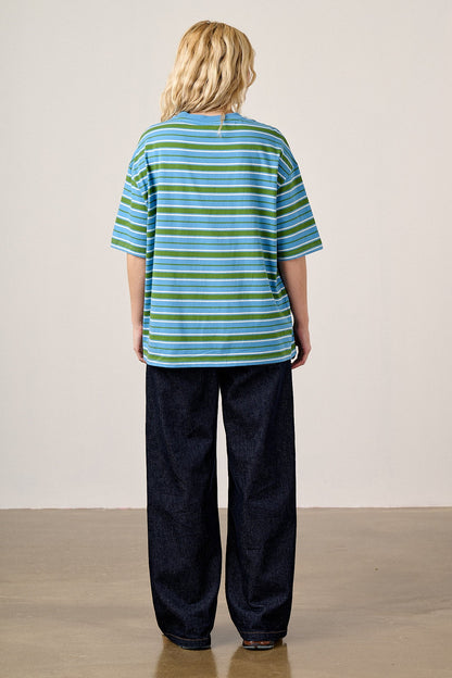 Benny - Oversized Cotton T-Shirt in Green & Blue Stripe
