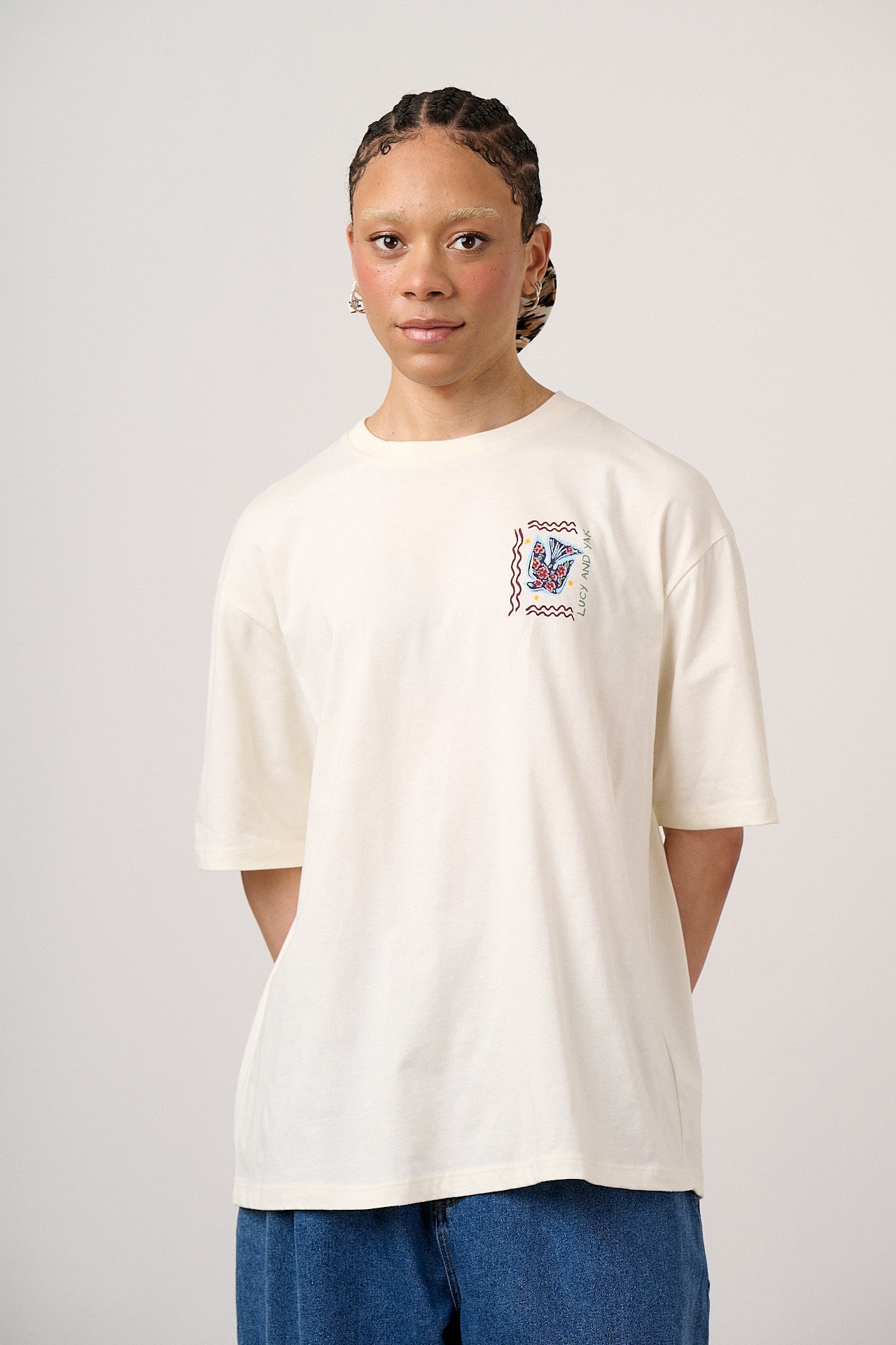 Benny - Oversized Cotton T-Shirt in Ecru Cosmic Folk Tile Print