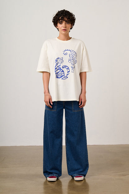 Benny - Oversized Cotton T-Shirt in Ecru Tiger