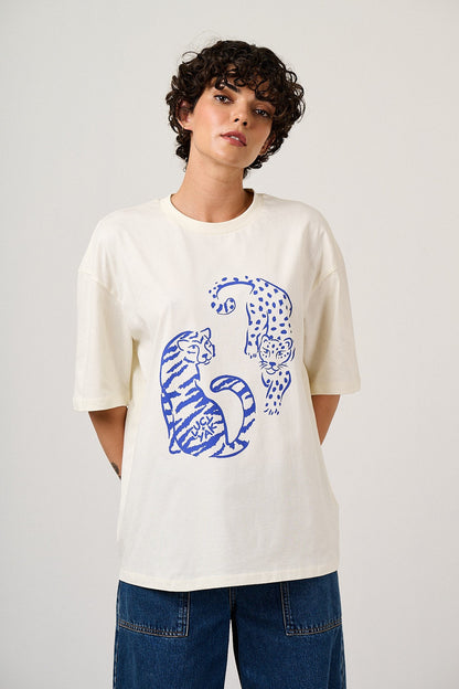 Benny - Oversized Cotton T-Shirt in Ecru Tiger