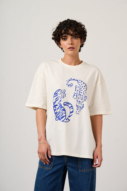 Benny - Oversized Cotton T-Shirt in Ecru Tiger