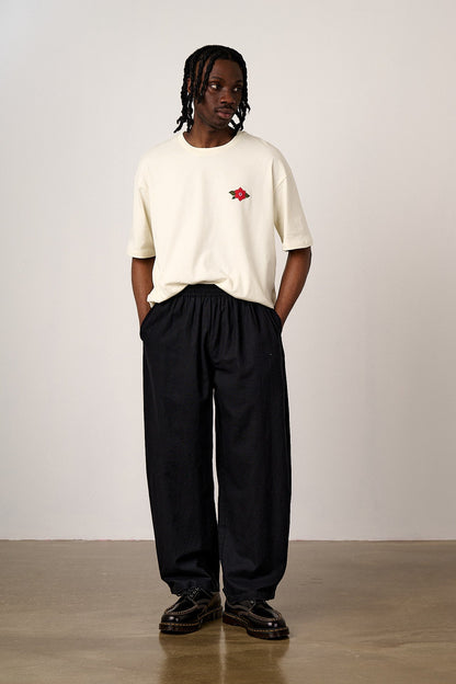 Freddie - Barrel Leg Cotton & Linen Trousers in Black