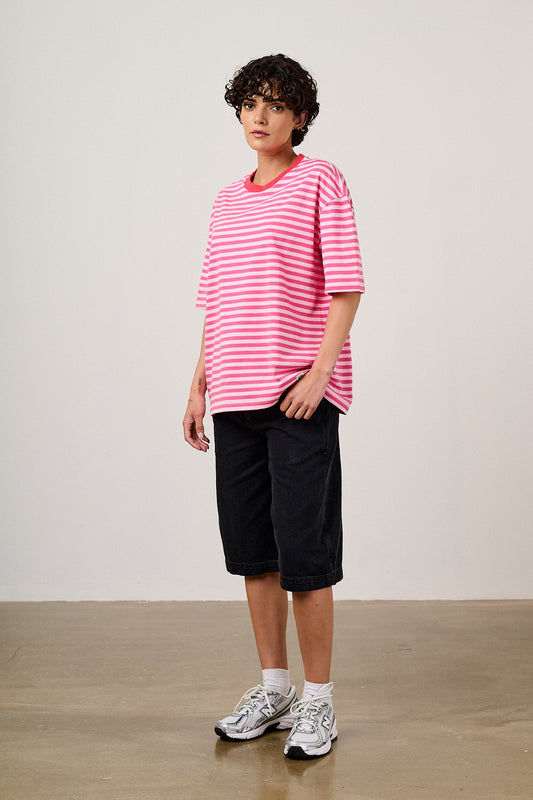 Benny - Oversized Cotton T-Shirt in Pink & Red Stripe