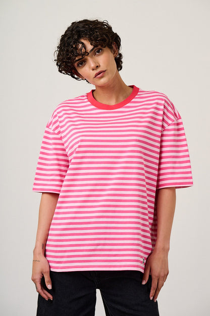 Benny - Oversized Cotton T-Shirt in Pink & Red Stripe