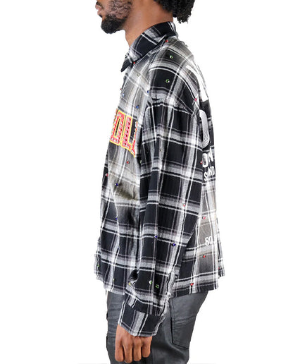 Long Sleeve Washed Flannel Crop Top Button Down Shirt With Rhinestone Embellishments