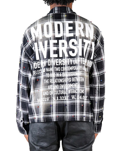 Long Sleeve Washed Flannel Crop Top Button Down Shirt With Rhinestone Embellishments