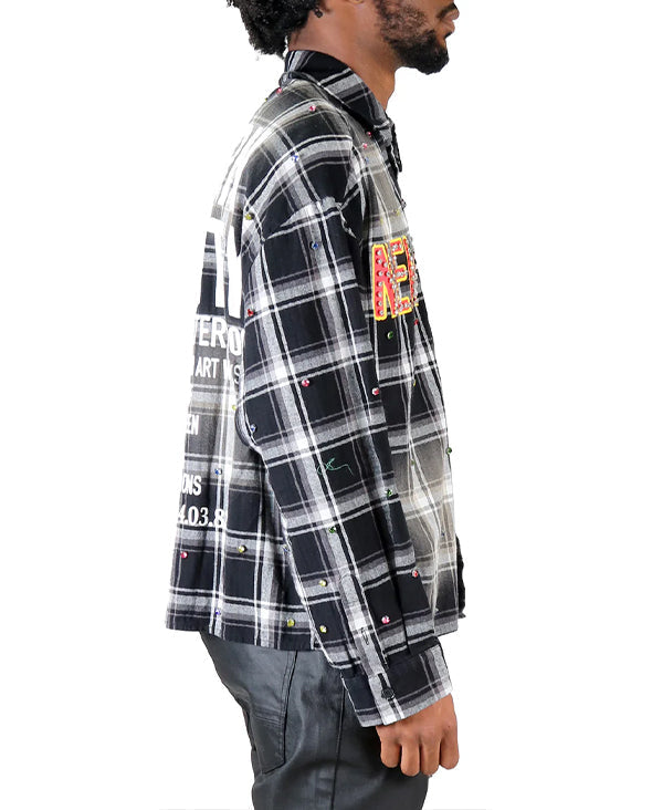 Long Sleeve Washed Flannel Crop Top Button Down Shirt With Rhinestone Embellishments