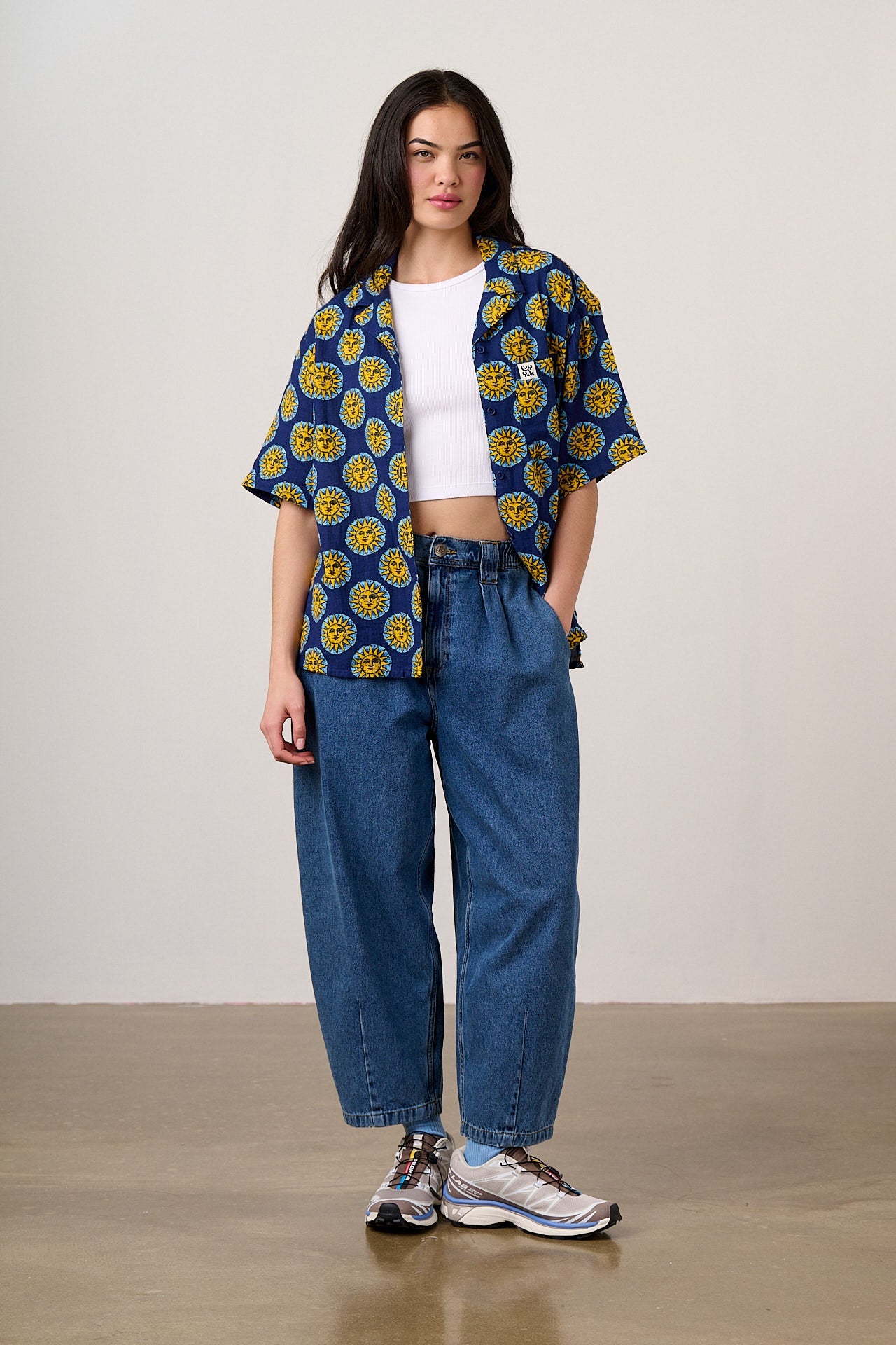 Cam - Cotton Shirt in Navy Cosmic Suns Print