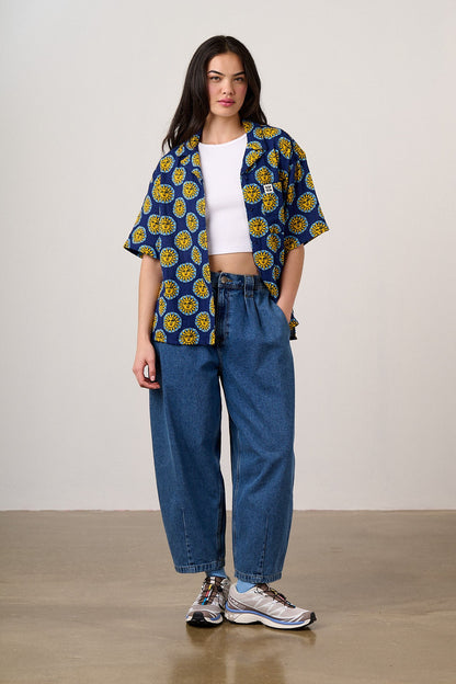 Cam - Cotton Shirt in Navy Cosmic Suns Print