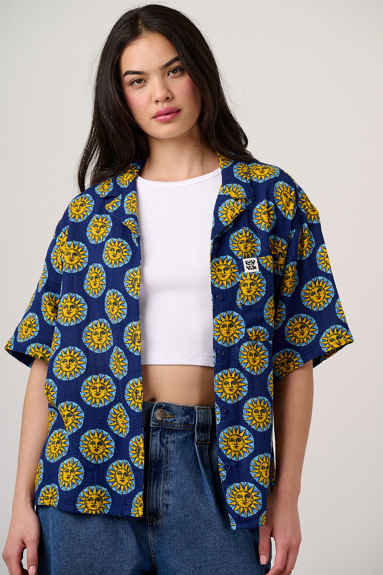 Cam - Cotton Shirt in Navy Cosmic Suns Print