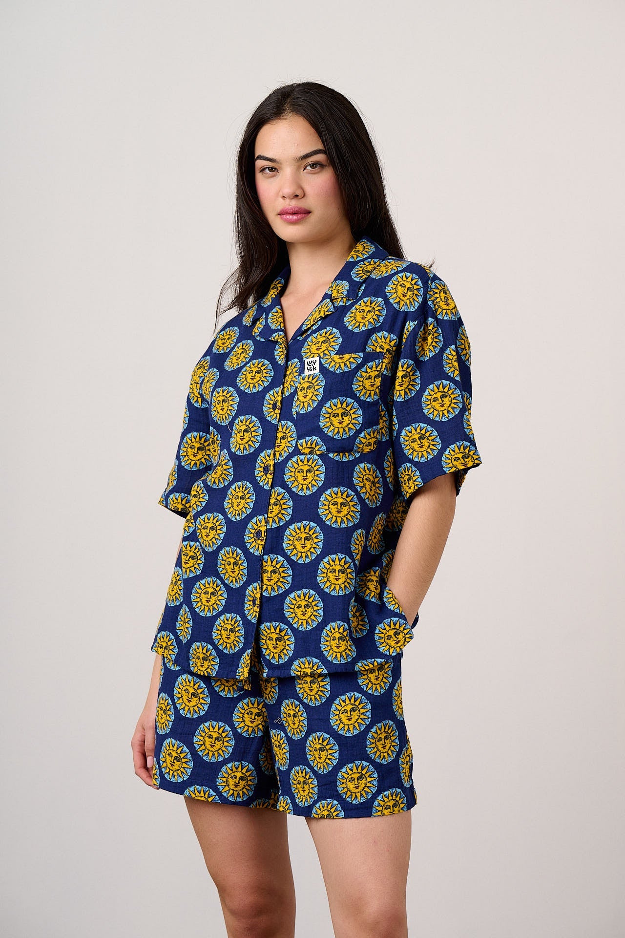 Cam - Cotton Shirt in Navy Cosmic Suns Print