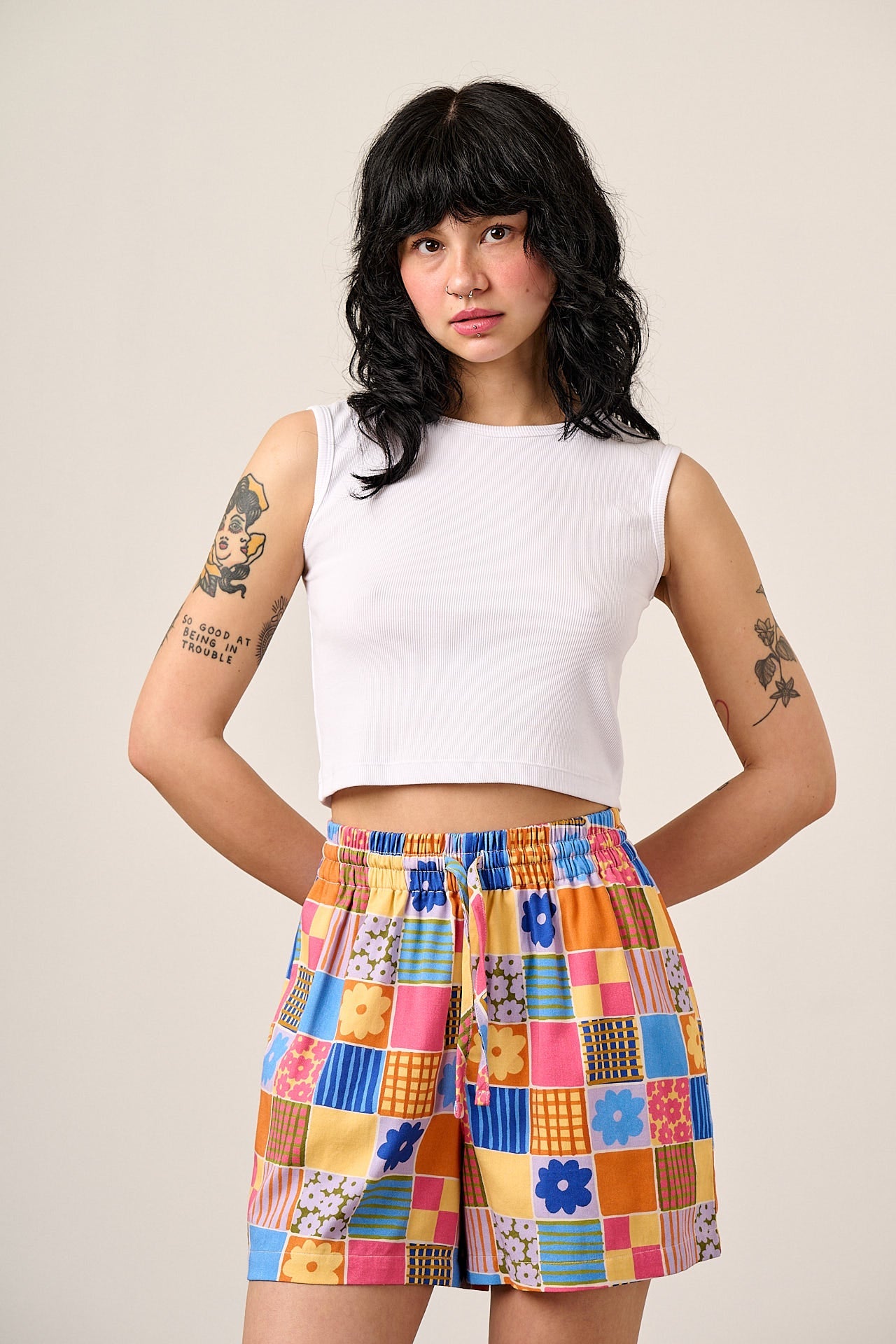 Charlie - Cotton Shorts in Floral Checkerboard