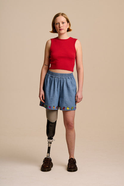 Charlie - Cotton Shorts in Light Blue with Veg Embroidery