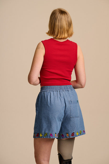 Charlie - Cotton Shorts in Light Blue with Veg Embroidery