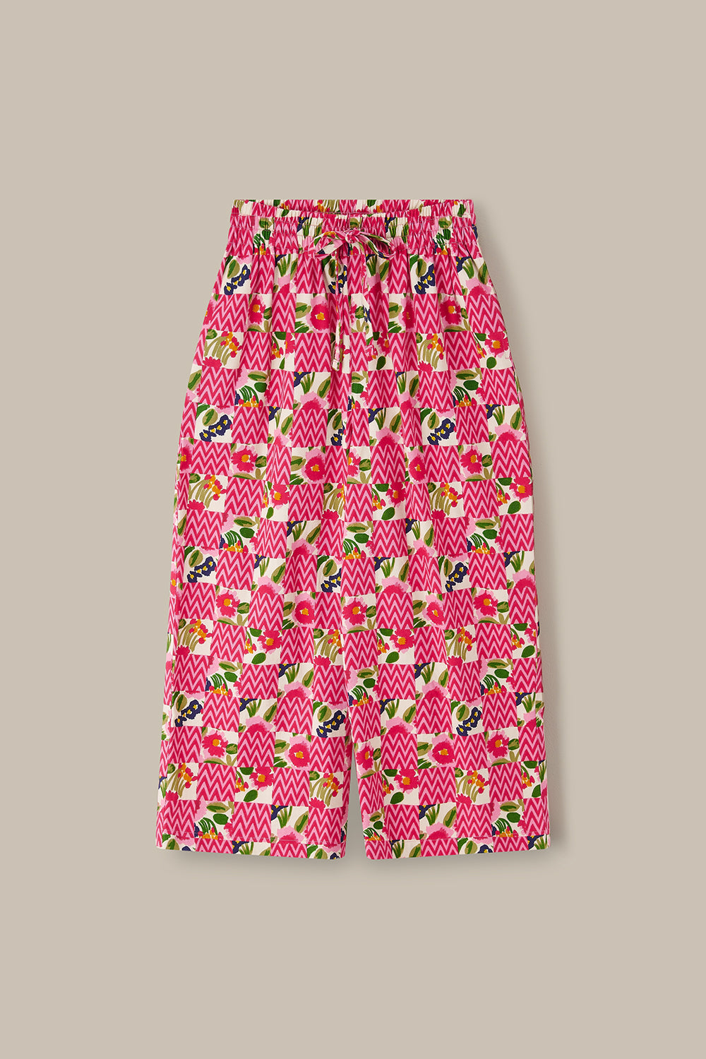 Chuck - Wide Leg Cotton Trousers in Zig Zag Floral Checkerboard
