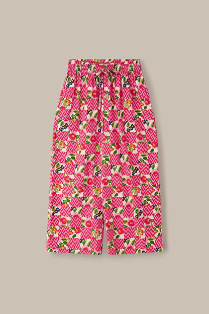 Chuck - Wide Leg Cotton Trousers in Zig Zag Floral Checkerboard