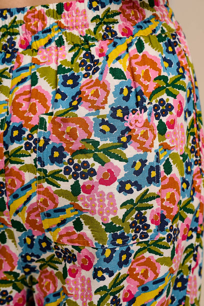 Chuck - Wide Leg Cotton & Viscose Trousers in Ivory Birdie Floral