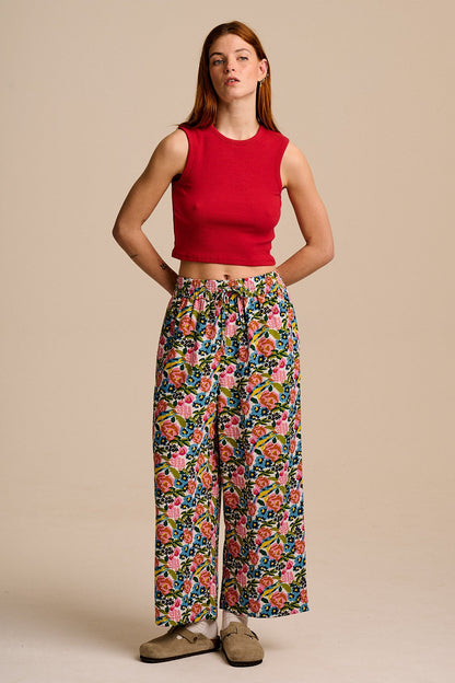 Chuck - Wide Leg Cotton & Viscose Trousers in Ivory Birdie Floral
