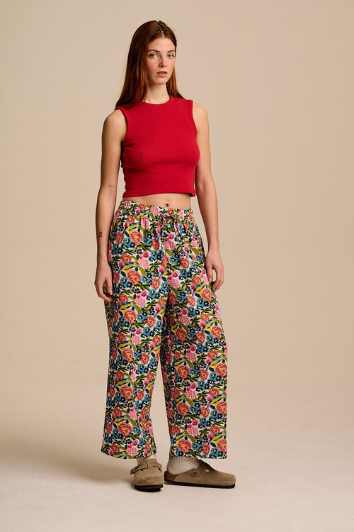 Chuck - Wide Leg Cotton & Viscose Trousers in Ivory Birdie Floral