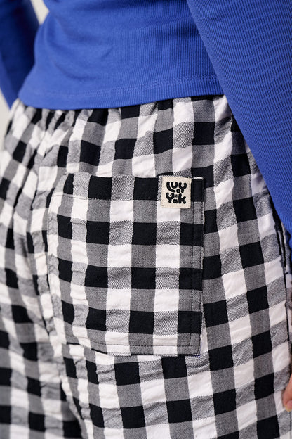 Chuck - Wide Leg Cotton Trousers in Black & White Gingham