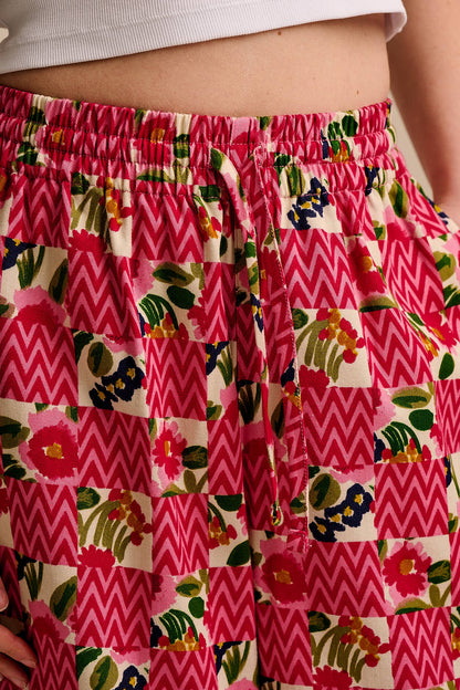Chuck - Wide Leg Cotton Trousers in Zig Zag Floral Checkerboard